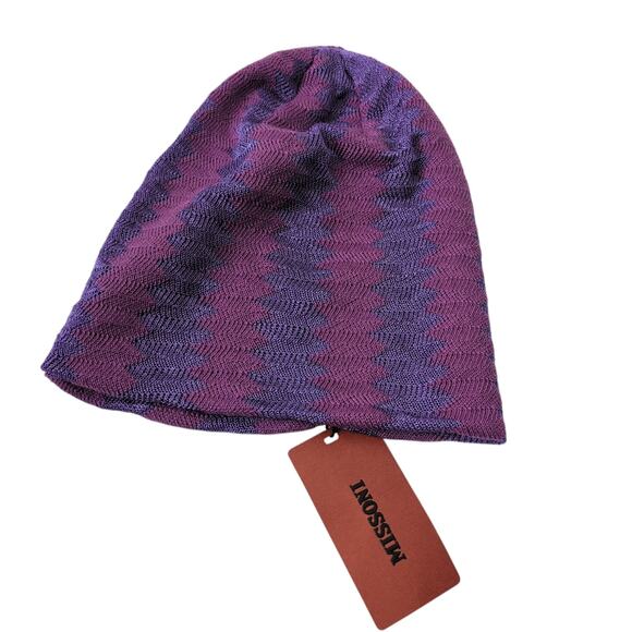 NWT Missoni Beanie Made in Italy Purple Zig Zag Knit Cozy Viscose Wool Blend New - Picture 1 of 7